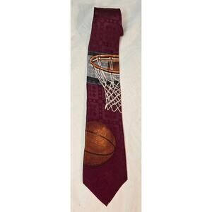 Vintage Evan Picone Sport Basketball Tie 100% Silk Burgundy Novelty 90s